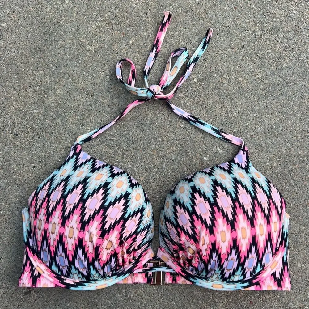 Victoria’s Secret 34D Bombshell 2 Cup Push Up Halter Bikini Top Neon Aztec